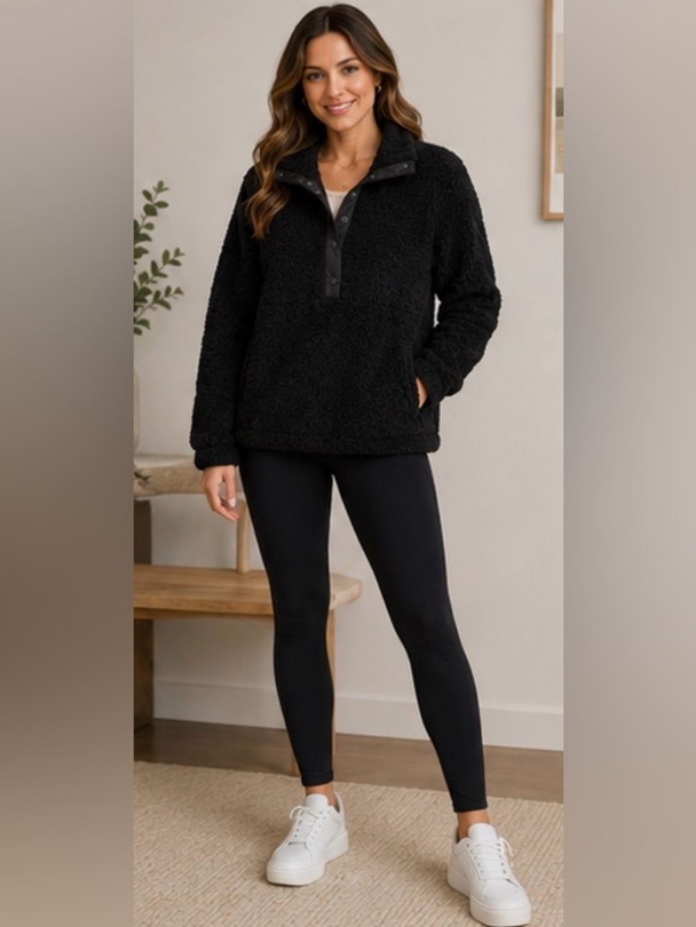 562 Eddie Bauer Black Sherpa Fleece Jacket Women’s XL Cozy Cabincore Pullover